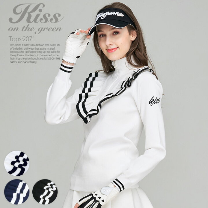 楽天市場 ゴルフウェア レディースライン入りフリル付きジップアップ軽量ニット ゴルフウェア レディース ニット ゴルフウエア ゴルフ かわいい おしゃれ レディースゴルフウェア キスオンザグリーン