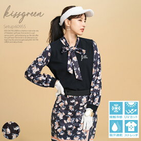 【秋冬セットアップアウトレットセール40％OFF！】りぼんボウタイ付き花柄トップス＆スカート上下セット (スカートはインナーパンツ一体型) / ワンピース セットアップ コーデ 上下セット インナーパンツ付き 花柄 かわいい ゴルフウェア レディースゴルフウェア おしゃれ