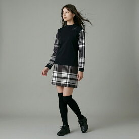 【秋冬セットアップアウトレットセール40％OFF！】ゴルフウェア レディース 切替チェック柄モックネック＆スカート上下セット (スカートはインナーパンツ一体型) / ワンピース セットアップ コーデ 上下セット インナー付 裏地付 かわいい
