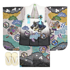 七五三 着物 3歳 男の子 被布セット 販売 5点 全2色 黒 紺 白 グレージュ 灰 鷹 松竹 宝