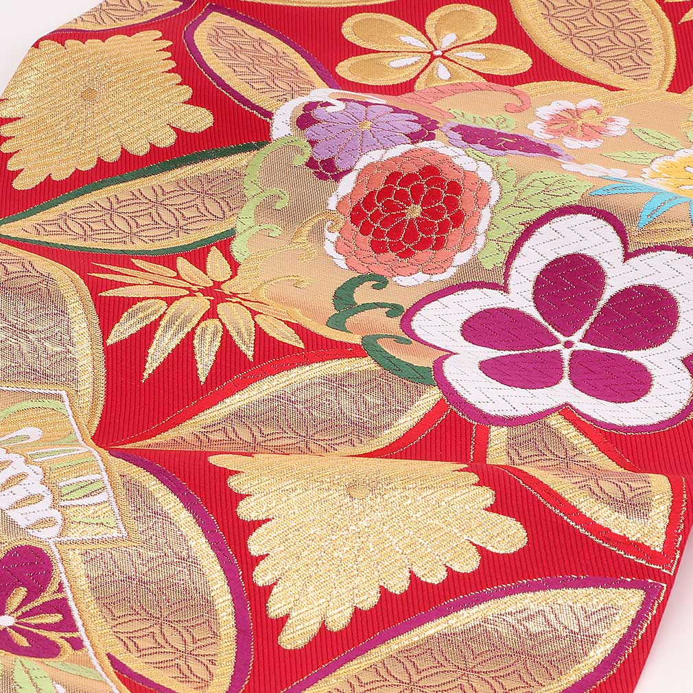 楽天市場】袋帯 振袖用 帯 成人式 赤 花七宝 西陣織 樹織物 仕立て 