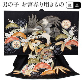 お宮参り 着物 男の子 絹100% 正絹初着 掛け着 産着 黒 鷹 松 巻物 友禅 刺繍 金彩 新品 販売 購入 きもの 祝い着 のしめ 初着 祝着 一つ身 服装 赤ちゃん ベビー