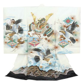 お宮参り 着物 男の子 絹100% 正絹初着 掛け着 産着 白 兜に鷹 荒波 友禅 刺繍 金彩 新品 販売 購入 きもの 祝い着 のしめ 初着 祝着 一つ身 服装 赤ちゃん ベビー