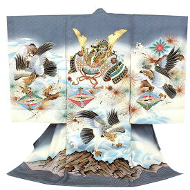 お宮参り 着物 男の子 絹100% 正絹初着 掛け着 産着 灰 グレー 兜に鷹 荒波 友禅 刺繍 金彩 新品 販売 購入 きもの 祝い着 のしめ 初着 祝着 一つ身 服装 赤ちゃん ベビー 灰