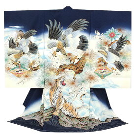 お宮参り 着物 男の子 絹100% 正絹初着 掛け着 産着 紺 鷹に虎 友禅 刺繍 金彩 新品 販売 購入 きもの 祝い着 のしめ 初着 祝着 一つ身 服装 赤ちゃん ベビー