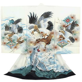 お宮参り 着物 男の子 絹100% 正絹初着 掛け着 産着 白 鷹に虎 友禅 刺繍 金彩 新品 販売 購入 きもの 祝い着 のしめ 初着 祝着 一つ身 服装 赤ちゃん ベビー