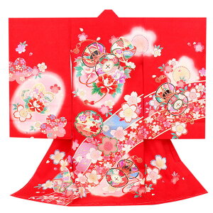 お宮参り 着物 女の子 絹 正絹 掛け着 産着 赤 ピンク まり 鼓 花車 御所車 鈴 全4柄 友禅 刺繍 金彩 新品 販売 購入 きもの 祝い着 のしめ 初着 祝着 一つ身 服装 赤ちゃん ベビー