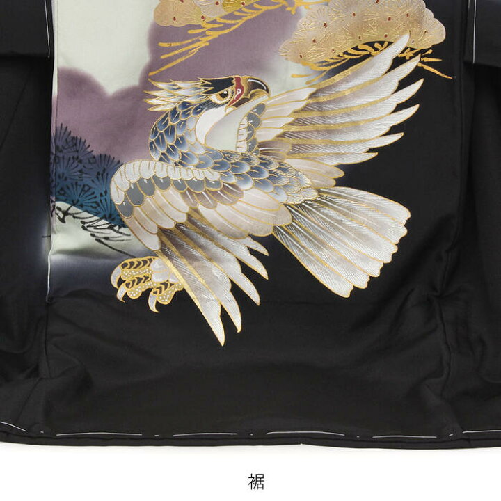 楽天市場】お宮参り 着物 男の子 産着 黒 親子鷹 鷹 松 刺繍 金彩 正絹  