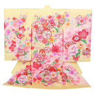 お宮参り 着物 女の子 絹100% 正絹初着 掛け着 産着 薄黄 桃 鼓 鞠 八重桜 万寿菊 鹿の子 吉祥花 友禅 金…