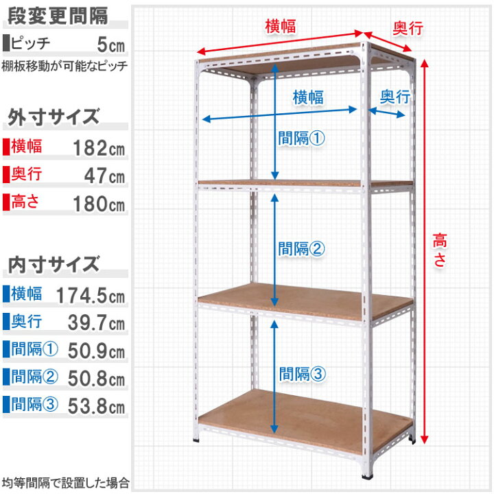 楽天市場】スチールラック 幅180 奥行45 高さ180cm 4段 ホワイト 