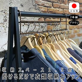 ハンガー 衣類収納アップハンガー 2本組 ブラウン 日本製 衣類 収納 衣類収納 クローゼット 整理 省スペース 段違い パイプハンガー ハンガーラック