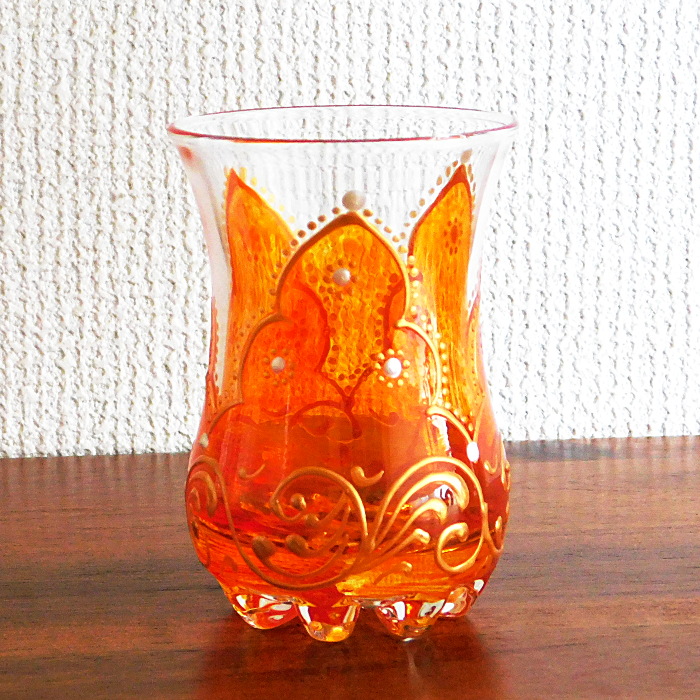 チャイグラス オレンジ チューリップ型 グラス ガラスコップ 花底 チュニジア 011c