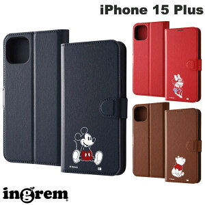 ingrem iPhone 15 Plus ディズニー 手帳型レザーケース シンプル マグネット イングレム (スマホケース・カバー)