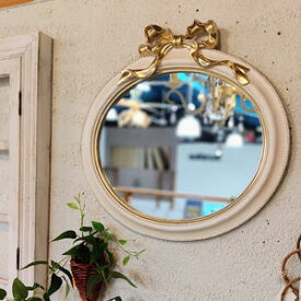 【送料無料】フレンチリボン　ウォールミラー　鏡 オーバル ミラー ヨーロピアン調　リボン ゴールド 白インテリア　生活雑貨 壁掛け鏡 壁掛け　可愛い　かわいい　女の子部屋　KST18092-1