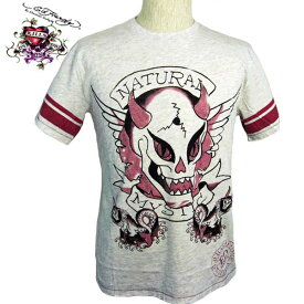 【★ポイント5倍★4月21日18：00～4月24日19：59迄】エドハーディー メンズ Tシャツ Ed Hardy 半袖tシャツ HORNED MONSTER モンスター スカル ライトグレー ビンテージ 加工 エド・ハーディー EDHARDY