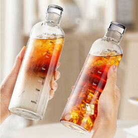 Kiyokyou 密封性NO.1 アイスコーヒーウォーターボトル タイムマーカー付き 1L 耐熱ガラス水筒 カイロ瓶 シンプル ins風 マイボトル ピッチャー 直飲み クリアボトル 持ち運び こぼれない ボトル ジュース 麦茶 紅茶 ガラス水筒 梅酒保存 アウトドア 登山 通勤 スポーツ用