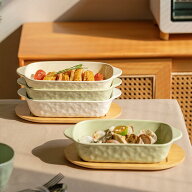 レトロ風 グラタン皿 陶磁器製ドリア皿 天然竹トレイ付き 食洗機対応 パウンド型 おしゃれ 長方形 耐熱 …