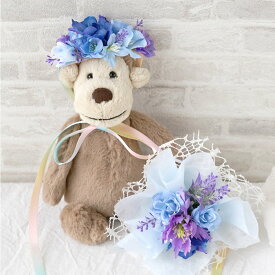 出産祝い ギフトセット 男の子 女の子 ヘアバンド 赤ちゃん 『 ジェリーキャット ぬいぐるみ と ミニブーケ ＆ ヘッドドレス 』 洗える ファーストトイ 人形 おもちゃ ベビーヘアバンド プレゼント 花 造花 うさぎ モンキー バニー ドラゴン Jellycat クリスマス FLEGRE