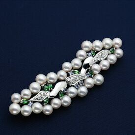 プラチナ900 アコヤ本真珠 デザインブローチ 0.21ct天然ダイヤ/グリーンガーネット/タンザナイト付き パール 大きめ 大ぶり 個性的 冠婚 フォーマル 日本製