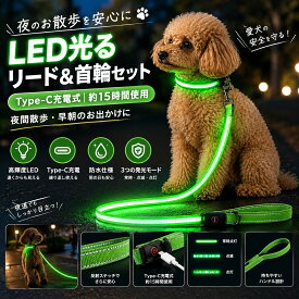 光るリード 犬用 LED発光リード 光る首輪 セット Type-C充電式 300mAh 約15時間連続使用 反射ステッチ付き ナイロン製 120cm 夜間散歩 早朝外出 夜道 安全対策 Mサイズ Lサイズ XLサイズ 3色展開