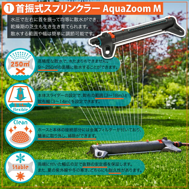 楽天市場】GARDENA 首振式スプリンクラー Aqua Zoom M ホース 