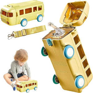 ストロー ボトル 水筒 子供用 可愛い 車 バス形 500ml 大容量 漏れ防止 直飲み ショルダーストラップ付き ボトル 携帯水筒 かわいい オシャレ 小学生 女の子 男の子 (ブルー)