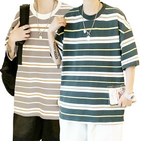 メンズファッション 韓国風 半袖 Tシャツ カットソー ボーダー 春夏秋冬 B系 ストリート系 スケーター かっこいい かわいい