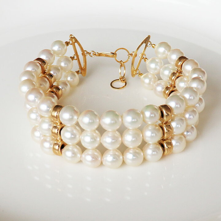 楽天市場】あこや真珠 3連ブレスレット ホワイト K18YG K14YG 18cm+2cm  
