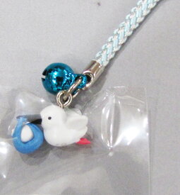 送料無料 代引き決済不可 ハローキティ こうのとりキティ 根付けストラップ ブルー 黒くちばし