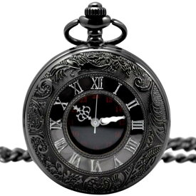 【黒の懐中時計】 アンティーク 懐中時計 【収納ポーチ + 専用箱 付き】レトロ ブラック クローム