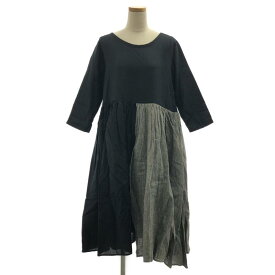 【美品】 Gauze# / ガーゼ | コットン リネン バイカラー ギャザー ボリューム ドレス ワンピース | F | ブラック/グレー | レディース