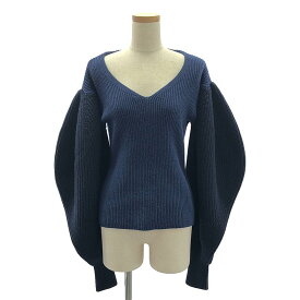 【美品】 LOEWE / ロエベ | Balloon sleeve V-neck sweat / バイカラー バルーン スリーブ ニット | S | ネイビー/ダークネイビー系 | レディース
