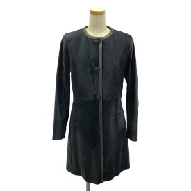 【美品】 PRADA / プラダ | レザー切替 ファー ノーカラー ロングコート / 総裏地 | 40 | ダークネイビー/ブラック | レディース