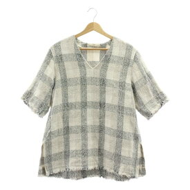 【美品】 IENA / イエナ | 2021SS | LINEN Tweed / リネン ツイード フリンジ スリット ロング Tブラウス | F | ホワイト/ブラック系 | レディース