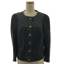 Louis Vuitton / ルイヴィトン | モノグラム エンブロイダリー ロゴボタン ラムレザーパイピング ノーカラー ジャケット | 38 | チャコールブラック | レディース