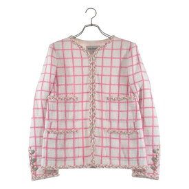 【美品】 CHANEL / シャネル | 2023SS | ココマークボタン ビジュー装飾 チェック ノーカラージャケット | 36 | ホワイト / ピンク | レディース