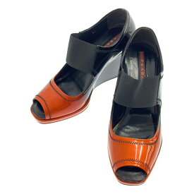 【美品】 PRADA SPORT / プラダスポーツ | エナメルレザー オープントゥ ウェッジソール パンプス | 36 | ブラック / オレンジ | レディース