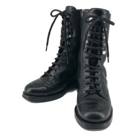 【美品】 CHANEL / シャネル | ココマーク サイドジップ レースアップブーツ | 36 1/2 | ブラック | レディース