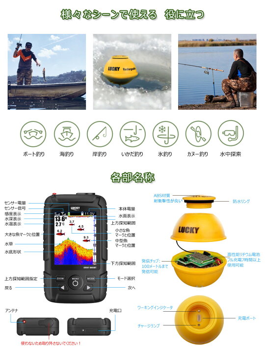 楽天市場】LUCKYLAKER 魚群探知機 防水 ワイヤレス 魚探 投げ釣り 