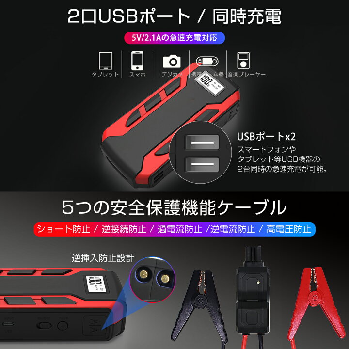 楽天市場 ジャンプスターター 12v車用エンジンスターター ブースターケーブル 100mah 車のバッテリー上がり対策 ガソリン車 ディーゼル車対応 災害時の電源確保 Led緊急ライト搭載 非常用電源 防災グッズ バイク スマホ Pse認証済 6ヶ月保証 ｋｍサービス