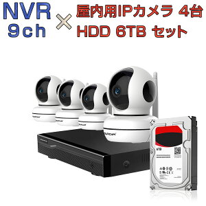 NVR ネットワークビデオレコーダー 9ch HDD6TB内蔵 C46S 2K 1296p 300万画素カメラ 4台セット IP ONVIF形式 スマホ対応 遠隔監視 FHD 動体検知 同時出力 録音対応 H.265+ IPカメラレコーダー監視システム PSE