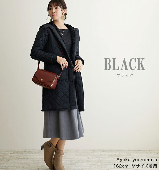 楽天市場 キルティングコート アウター 中綿 コート レディース 冬 キルティング フード ファー ナイロン カジュアル キレイめ ミディアム丈 ロング 防寒 M L ビジネス オフィスカジュアル かわいい 通勤 通学 大人 ベージュ カーキ ブラック 黒 送料無料