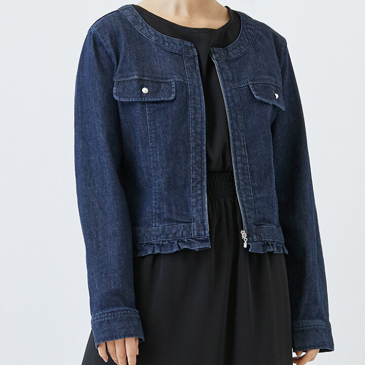 楽天市場 デニムジャケット レディース ノーカラー Gジャン 長袖 ストレッチ アウター ジージャン ショート丈 ブルゾン きれいめ デニム ジャケット 羽織り 細身 抜け感 フリル 春 春夏 秋 カジュアル 大人 通勤 ネイビー 紺色 ブルー 水色 M L 30代 40代 50代