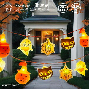ハロウィン 電飾 飾り 電池式 30球 4.5mカボチャ ライト お化け 黒猫 クモ ガーランド ライト かぼちゃ パンプキン お化け 黒猫 電球色 室内用 ストレート イルミネーション 電球色 LED ハロウィ