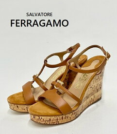 ランクS【Salvadore Ferragamo】サルヴァドーレ　フェラガモストラップ　コルク ウェッジソールサンダル　キャメル　 ガンチーニ　イタリア製　サイズ5　1/2〔約24cm〕(中古)