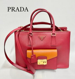 プラダ【PRADA】サフィアーノ　レザー2way ハンドバッグ　　赤×オレンジ　Saffiano LeatherランクA(中古)