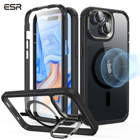ESR iPhone 15 / 15 Plus / 15 Pro / 15 Pro Max ケース 全面耐衝撃 MagSafeケース 米軍MIL規格超えの保護 マグネットケース スタンド付き 2パート タフケース Armorシリーズ クリアブラック ESR Armor Tough Case with Stash Stand (HaloLock) - Clear Black【国内正規品】