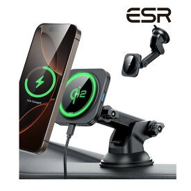 ESR Qi2 15W充電 magsafe 車載 スマホホルダー Qi2認定magsafe充電器 ダッシュボード/ガラス 磁気ワイヤレス車載充電 スマホスタンド 車用 マグセーフ充電器 急速充電 iPhone16/15/14/13/12シリーズ&S25対応 ブラック ESR HaloLock Dashboard Wireless Charger【国内正規品】
