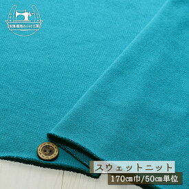 【ニット生地 無地/ターコイズブルー】アパレルメーカー放出品 裏毛スウェット生地 ショートループの裏パイル 厚み2ミリ 幅170cm 綿ポリ 横方向に伸びるテンション中程度のニット やや丸まりやすい トレーナー パーカー 部屋着【50cm単位 メール便不可】(b-2614)