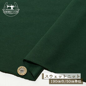 【ニット生地 無地/ダークグリーン】スウェット生地 裏毛ニット 綿100％ 厚み2ミリ弱 広幅190cm 目の詰まったしっかりめ ショートループの裏パイル テンションやや低 やや丸まりやすい コットン トレーナー パーカー 部屋着【50cm単位 メール便不可】(b-2639)